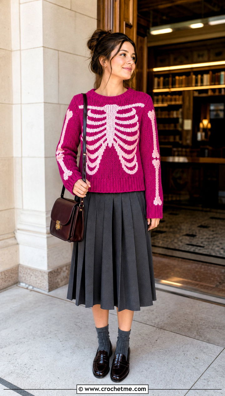 Rib Cage Crochet Skeleton Sweater With Pleated Skirt - 30 Crochet Skeleton Sweater outfit ideas