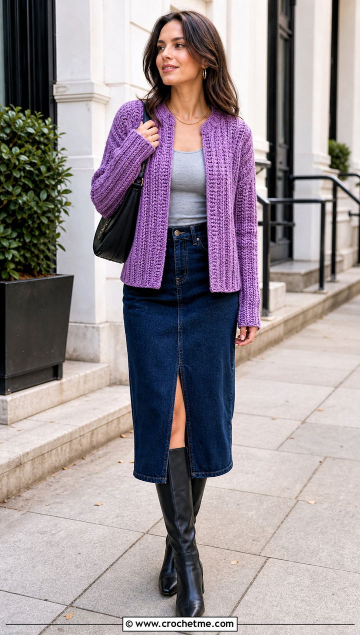 Rib Stitch Crochet Cardigan With A Denim Midi Skirt - 25 womens crochet cardigan outfit ideas