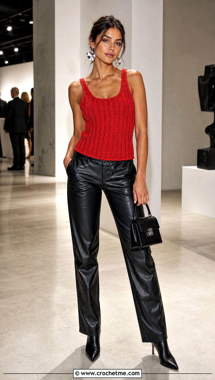 Rib Stitch Crochet Tank With Leather Pants - 35 crochet tank outfit ideas