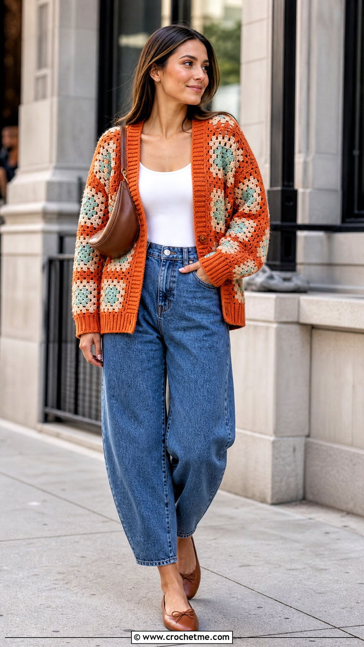Rib Trim Big Granny Square Cardigan With Barrel Jeans - 35 Big Granny Square Cardigan outfit ideas