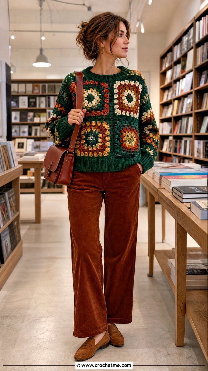 Rib Trim Big Granny Square Sweater With Corduroy Pants - 35 big granny square sweater outfit ideas