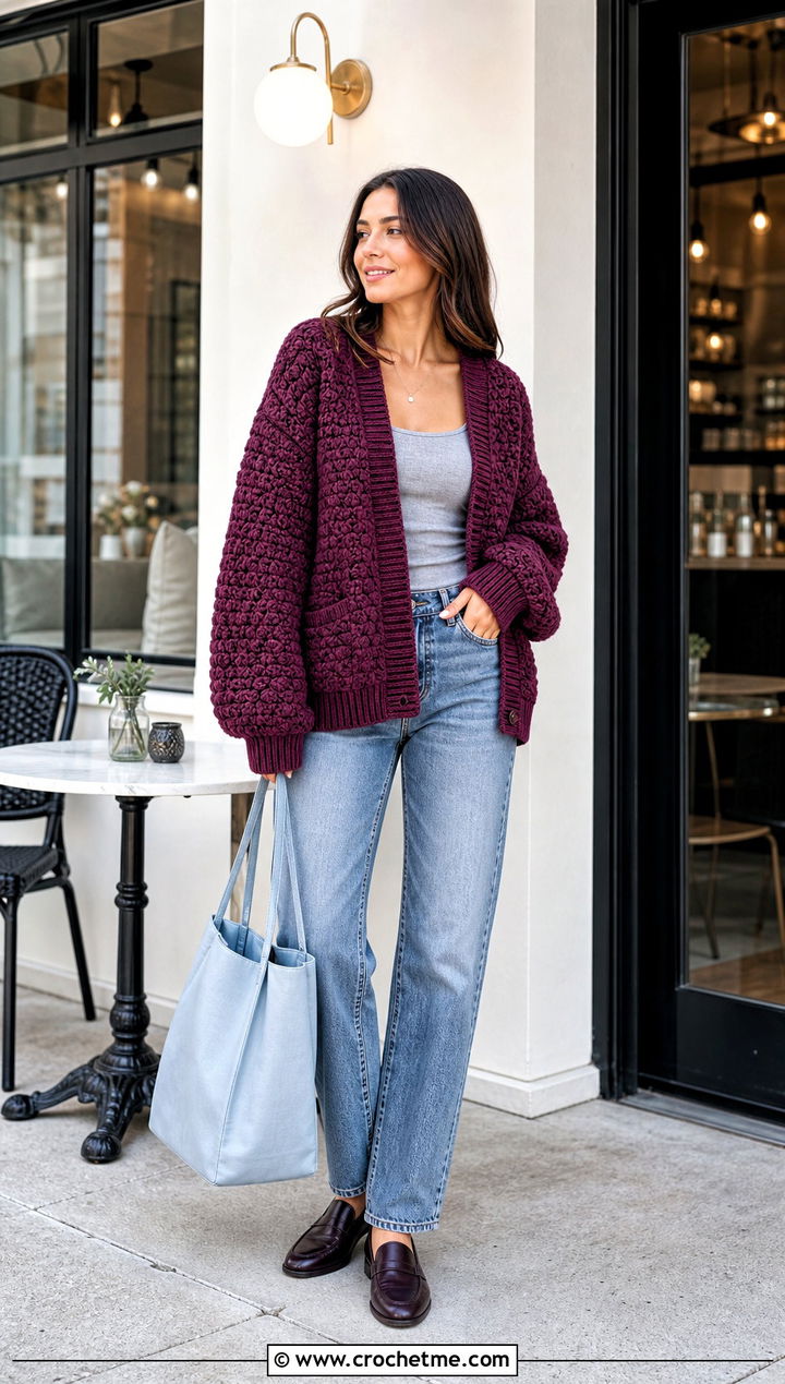 Rib Trim Bubble Cardigan With Straight Leg Jeans - 15 Crochet Bubble Cardigan outfit ideas