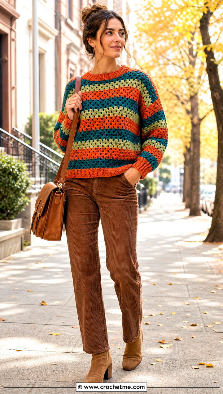 Rib Trim Crochet Granny Stripe Sweater With Corduroy Pants - 25 Crochet Granny Stripe Sweater outfit ideas