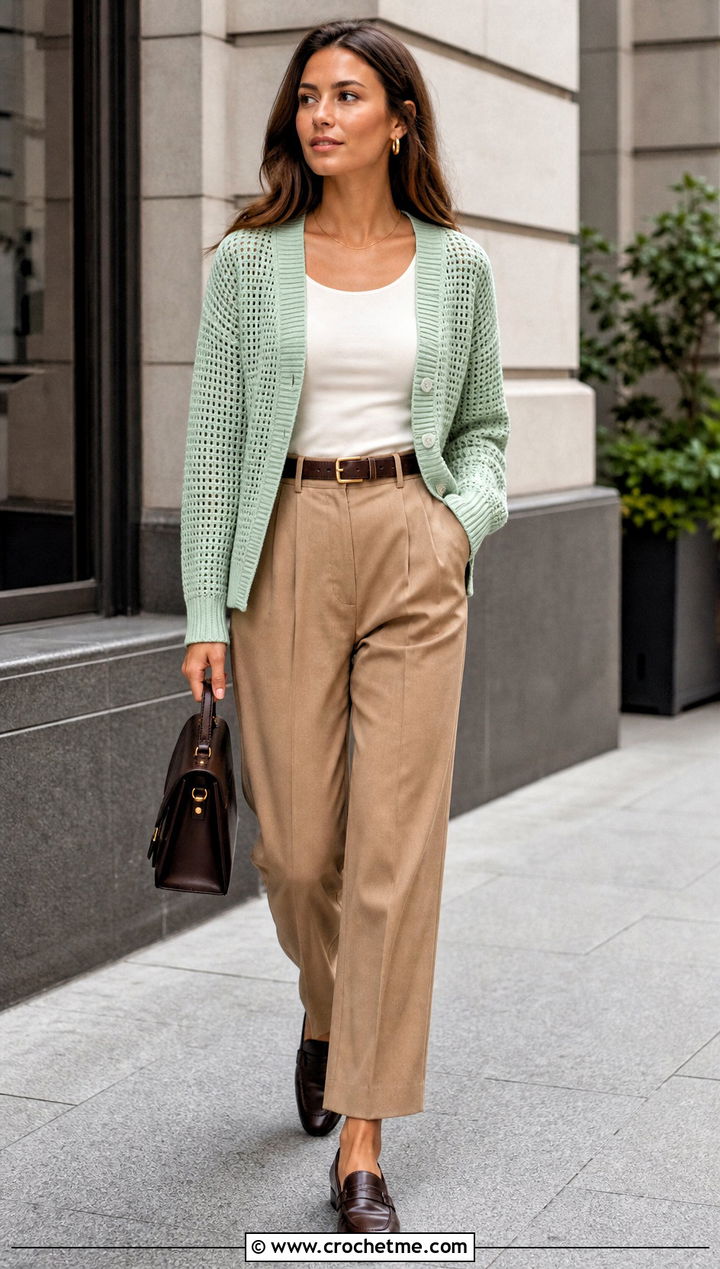 Rib Trim Filet Crochet Cardigan With Pleated Trousers - 25 filet crochet cardigan outfit ideas