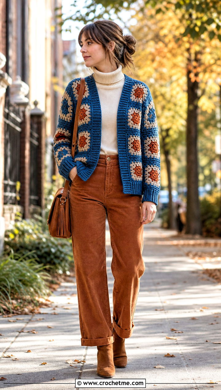 Rib Trim Granny Square Cardigan With Corduroy Pants - 30 cardigan with granny square outfit ideas