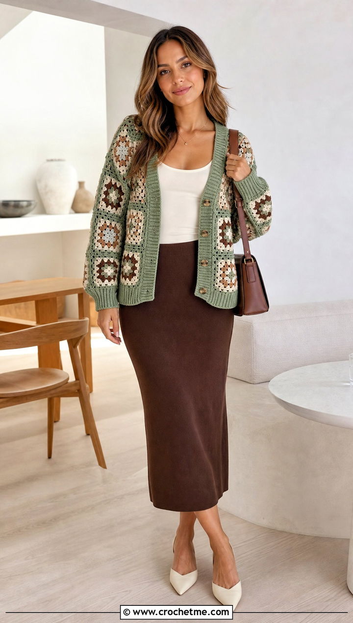 Rib Trim Granny Square Cardigan With Knit Midi Skirt - 30 crochet granny squares cardigan outfit ideas
