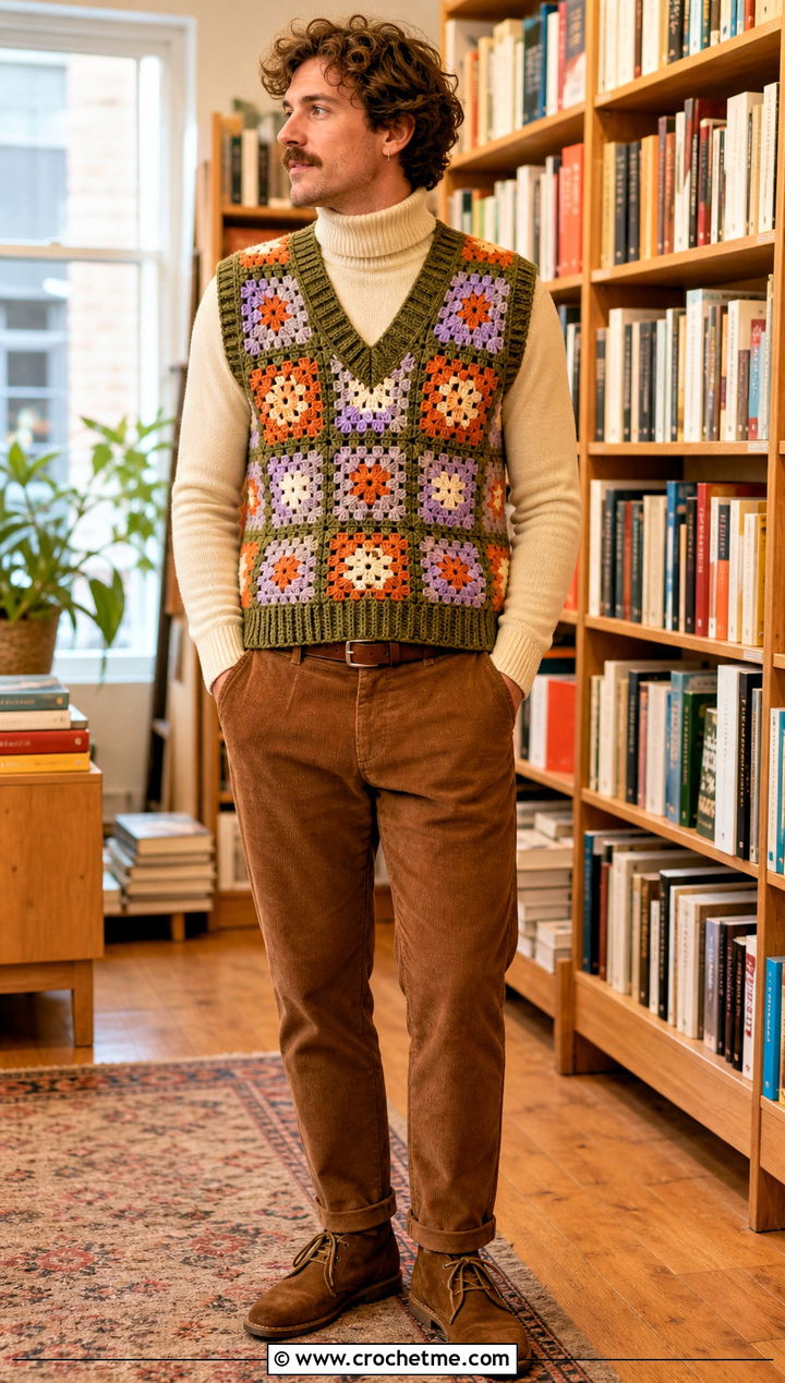 Rib Trim Granny Square Mens Vest With Corduroy Pants - 25 crochet granny square mens vest outfit ideas