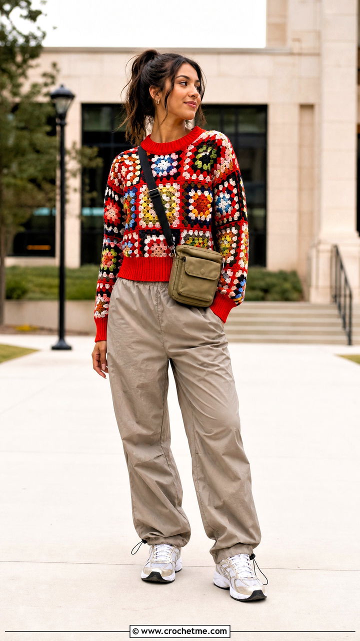 Rib Trim Granny Square Sweater With Parachute Pants - 35 granny square sweater outfit ideas
