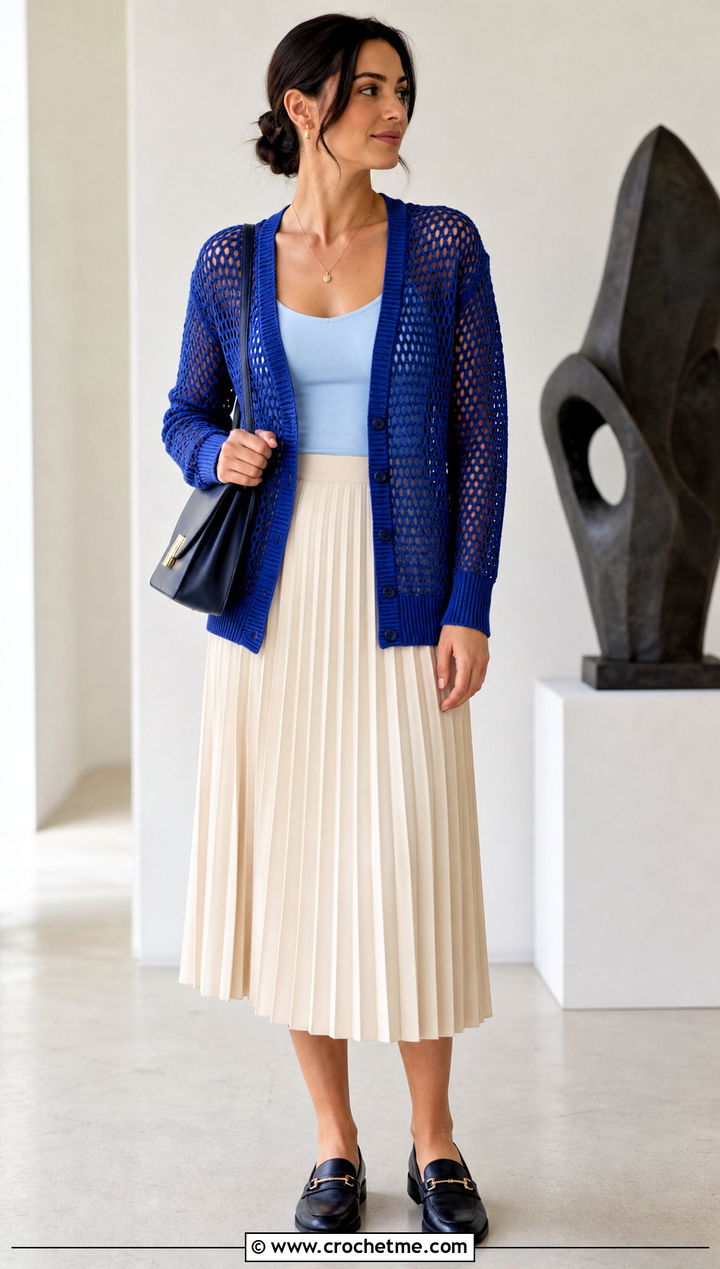 Rib Trim Mesh Crochet Cardigan With Pleated Midi Skirt - 30 Crochet Lightweight Cardigan outfit ideas