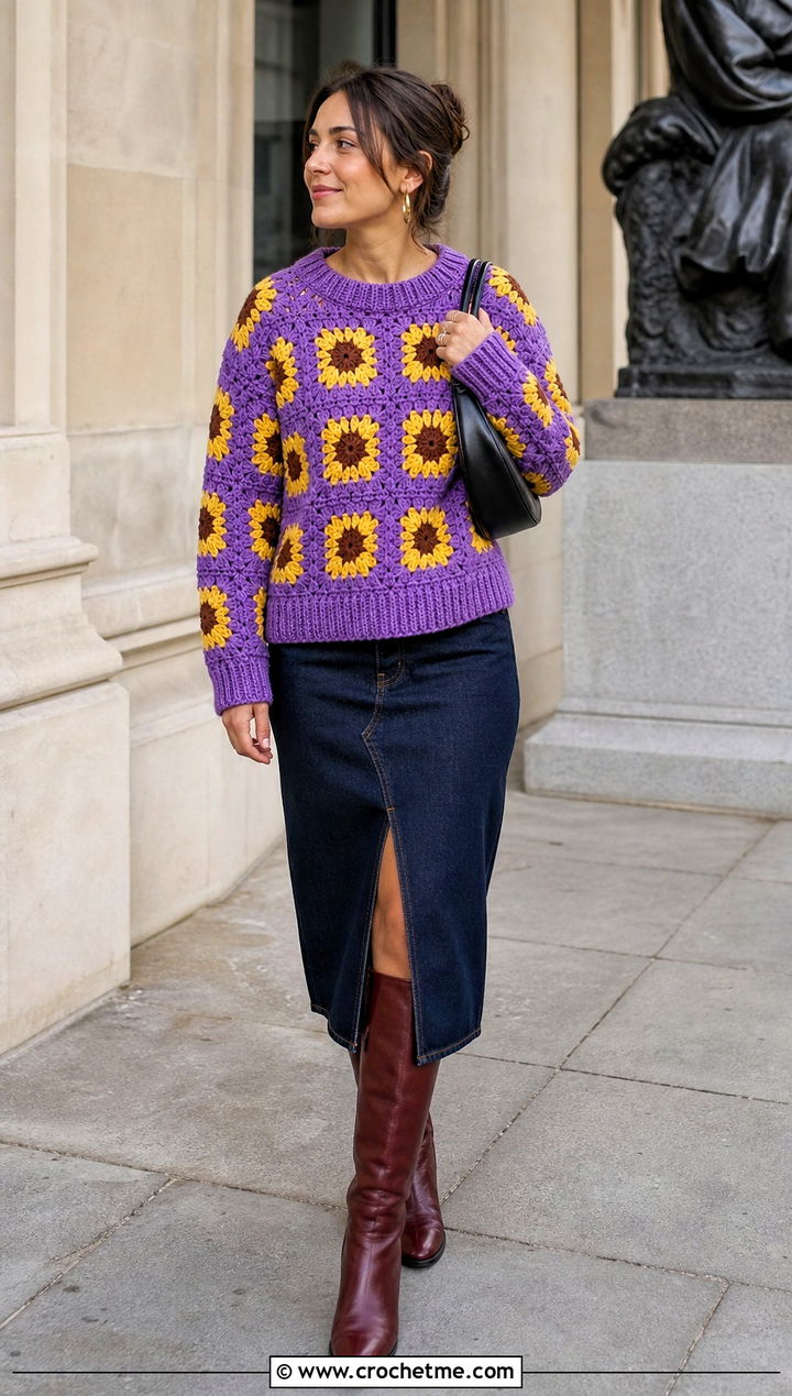 Rib Trim Sunflower Granny Square Pullover Sweater With Denim Midi Skirt - 15 Sunflower Granny Square Pullover Sweater outfit ideas