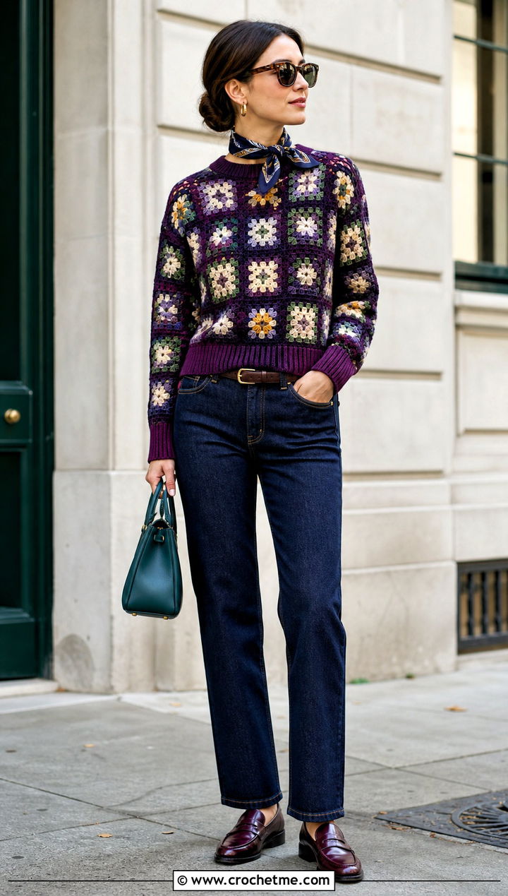 Rib Trim Sunflower Granny Square Sweater With Dark Wash Jeans - 30 sunflower granny square sweater outfit ideas