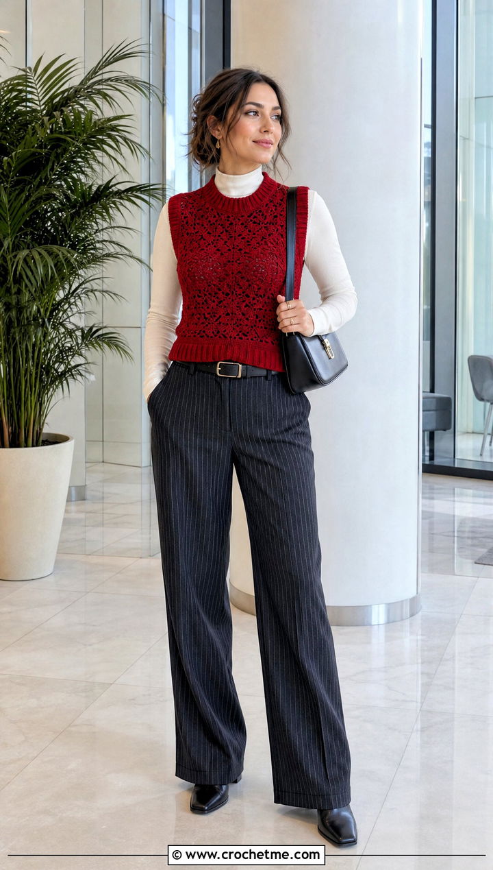 Rib Trim Vintage Crochet Sweater Vest With Pinstripe Pants - 25 Vintage Crochet Vest outfit ideas