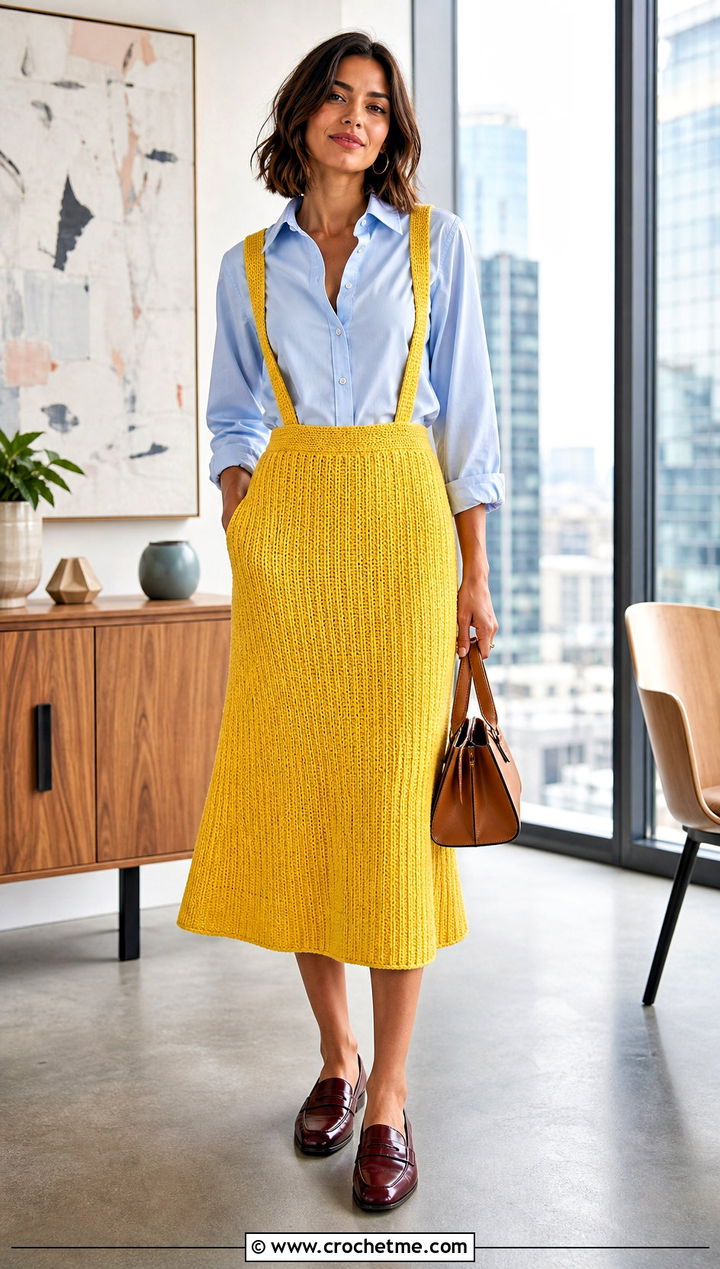 Ribbed A Line Crochet Suspender Skirt With Button Down Shirt - 25 crochet suspender skirt outfit ideas