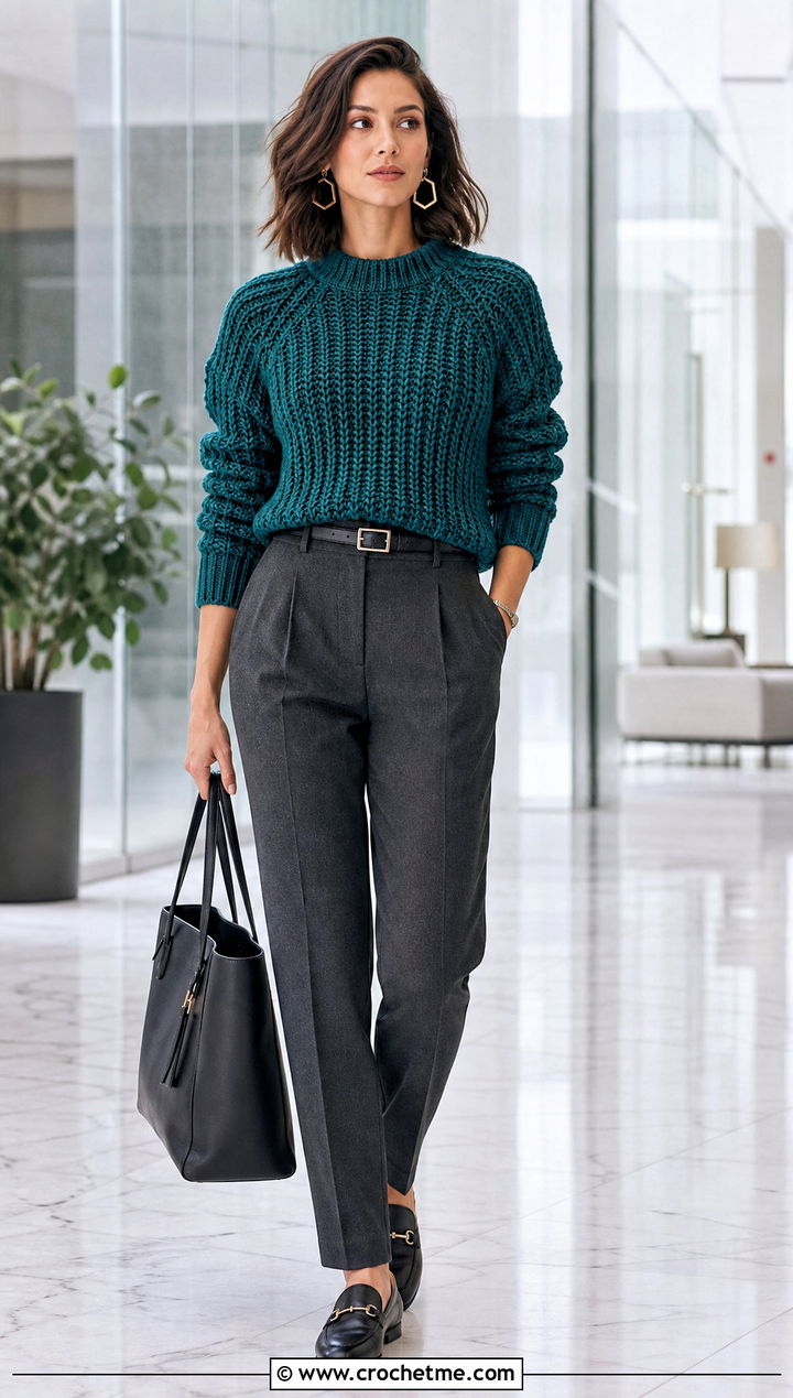 Ribbed Alpine Stitch Sweater With Tailored Trousers - 25 crochet alpine stitch sweater outfit ideas