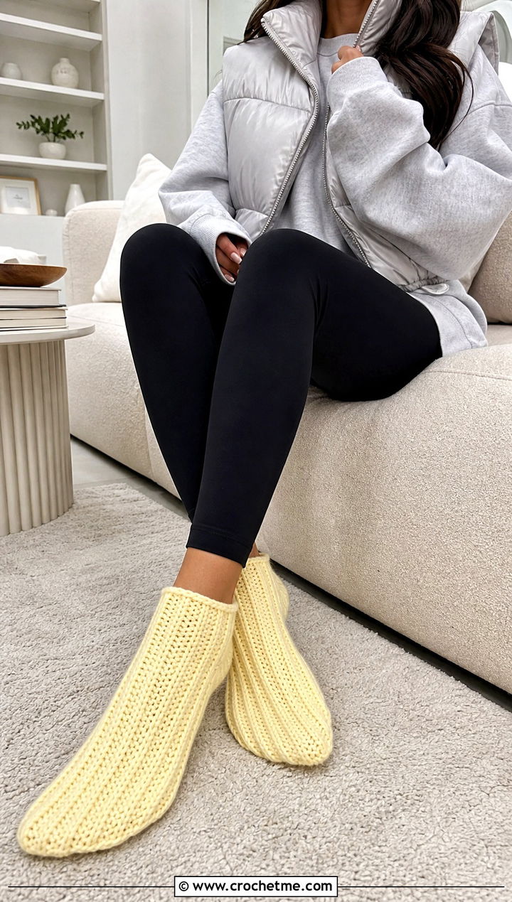 Ribbed Ankle Crochet Slipper Socks With Leggings - 25 Crochet Slipper Socks outfit ideas