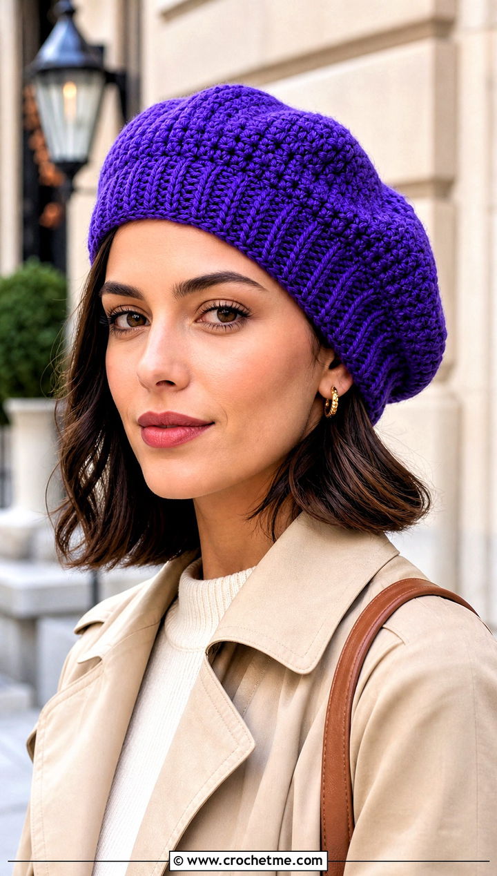 Ribbed Band Crochet Beret With Trench Coat - 20 crochet beret hat outfit ideas