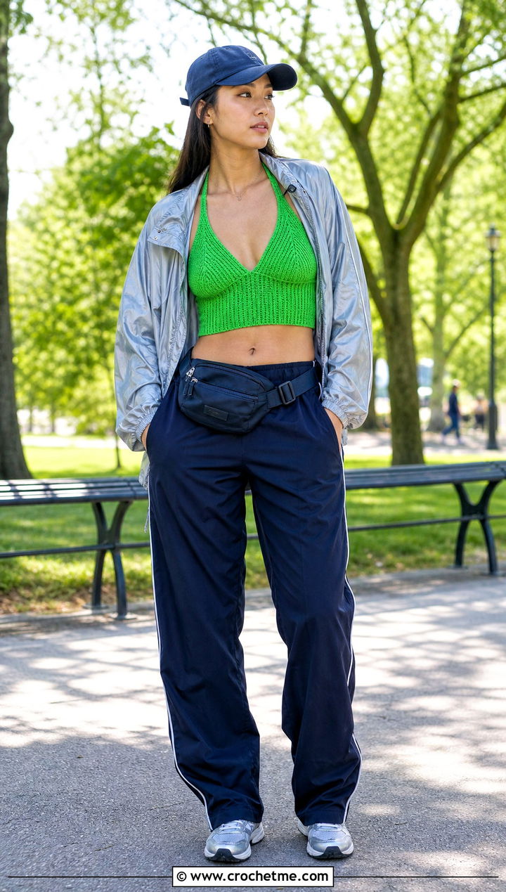 Ribbed Band Crochet Halter Bralette With Track Pants - 15 Crochet Halter Bralette outfit ideas