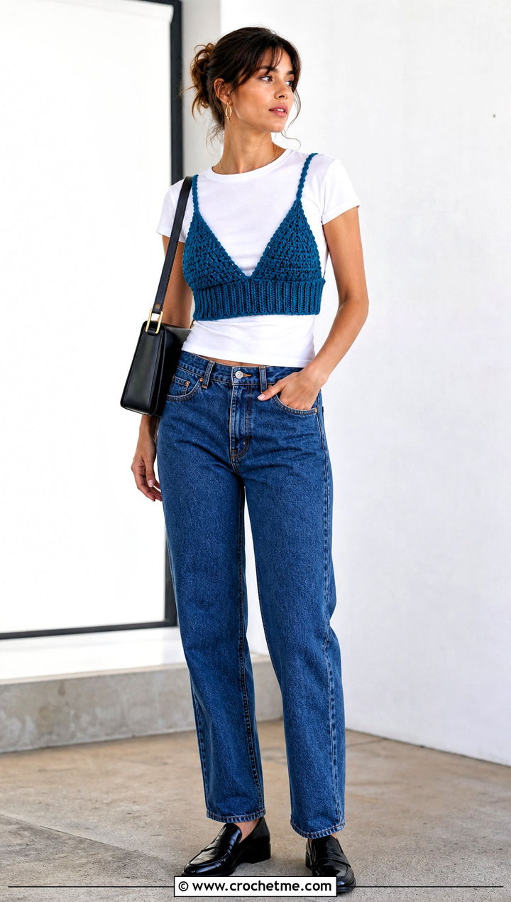Ribbed Band Crochet Triangle Top Over A White T Shirt - 35 crochet triangle top outfit ideas