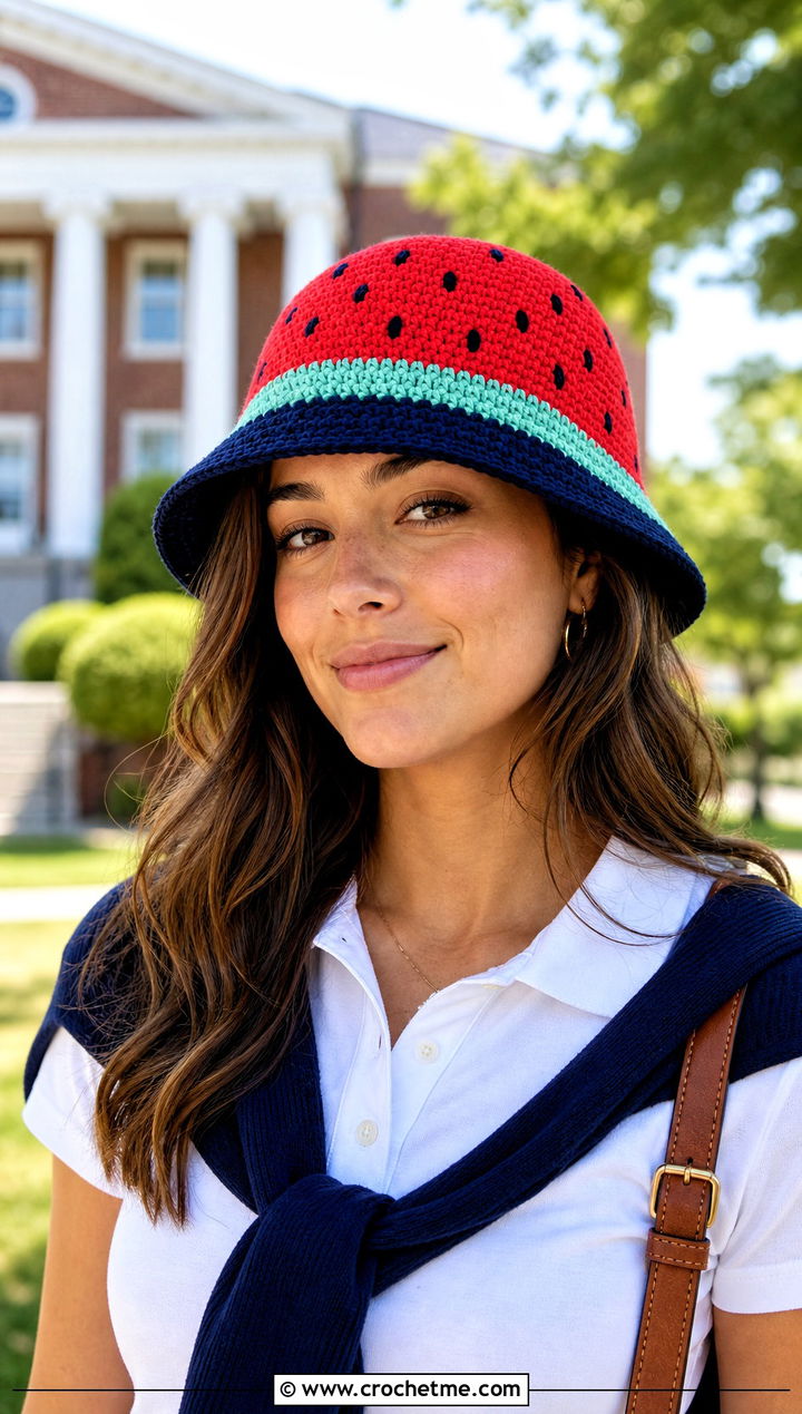 Ribbed Band Crochet Watermelon Bucket Hat With Polo And Pleated Skirt - 30 crochet watermelon bucket hat outfit ideas