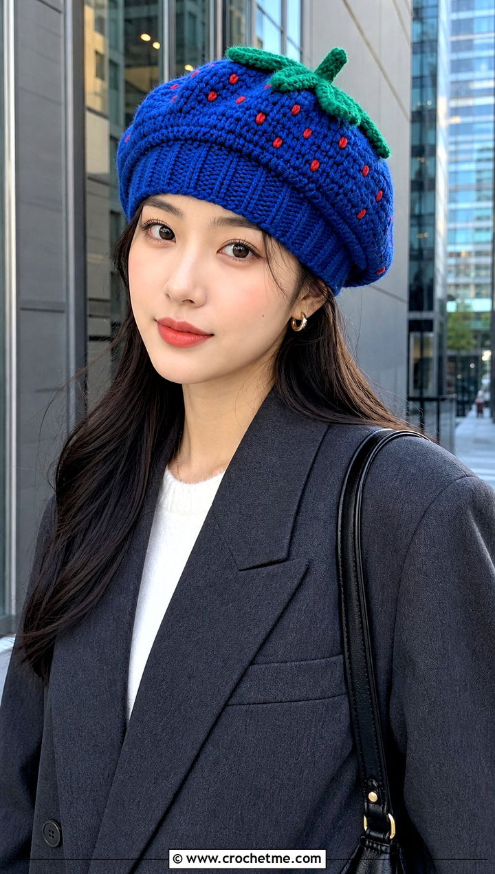 Ribbed Band Strawberry Crochet Beret With Blazer - 25 strawberry crochet beret outfit ideas