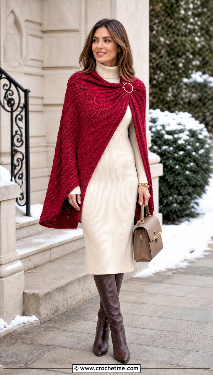 Ribbed Bat Wing Crochet Shawl With Sweater Dress - 25 bat wing crochet shawl outfit ideas