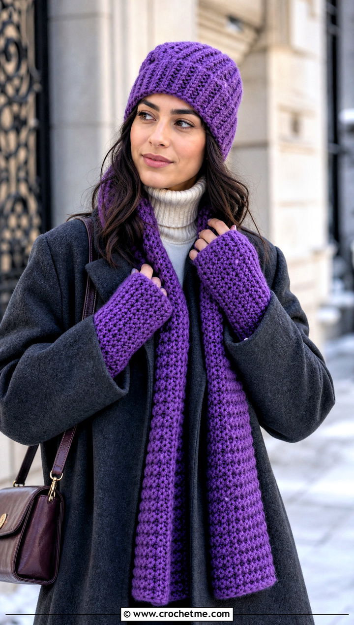 Ribbed Beanie Long Scarf And Fingerless Gloves With Wool Coat - 25 crochet hat scarf gloves set outfit ideas