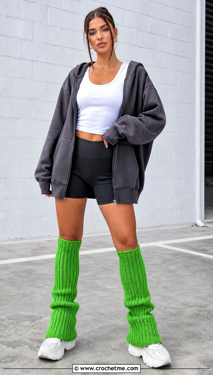 Ribbed Bell Bottom Crochet Leg Warmers With Biker Shorts - 25 flared crochet leg warmers outfit ideas