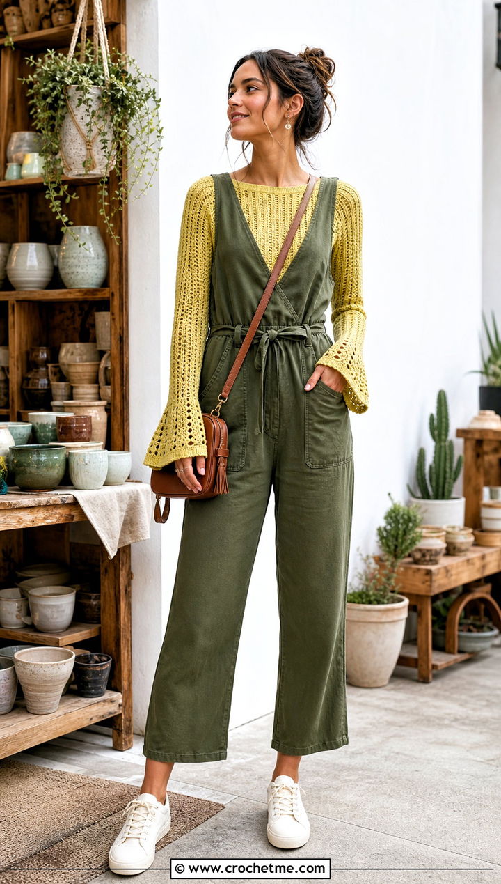 Ribbed Bell Sleeve Crochet Sweater With Utility Jumpsuit - 25 bell sleeve crochet sweater outfit ideas
