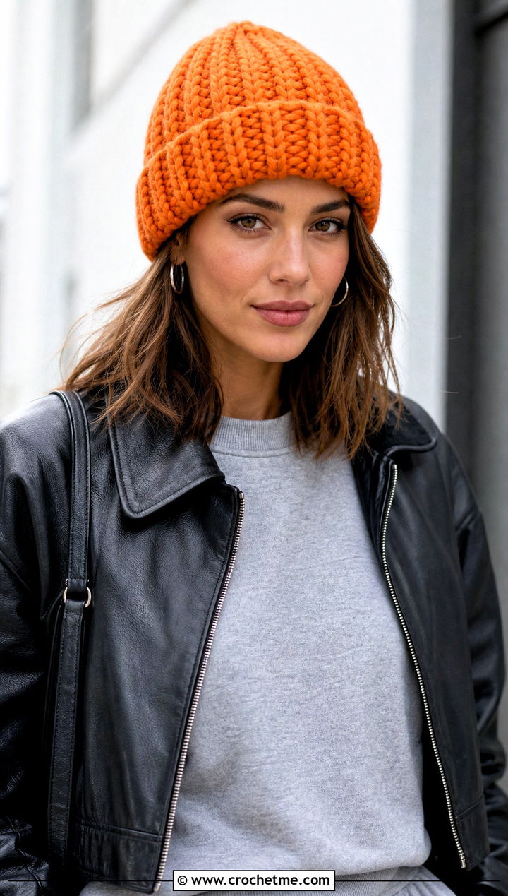 Ribbed Blanket Yarn Crochet Beanie With Leather Jacket - 15 blanket yarn crochet beanie outfit ideas