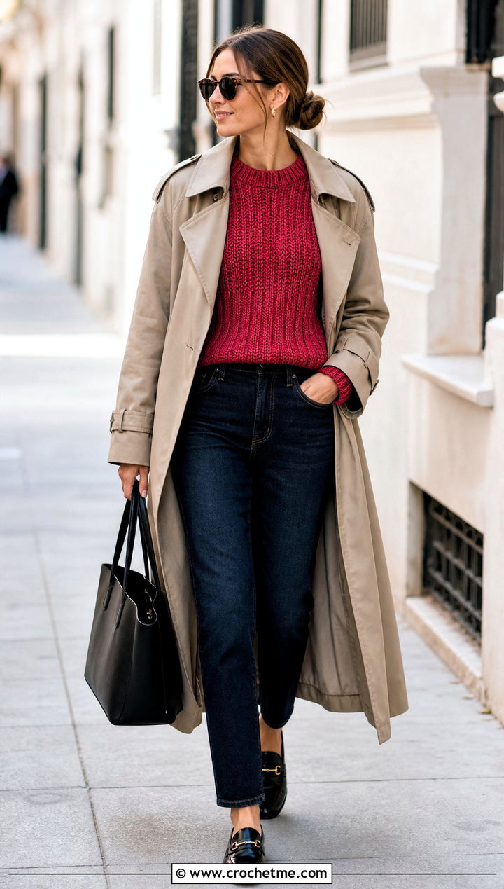 Ribbed Block Crochet Sweater With a Trench Coat and Jeans - 30 crochet block sweater outfit ideas