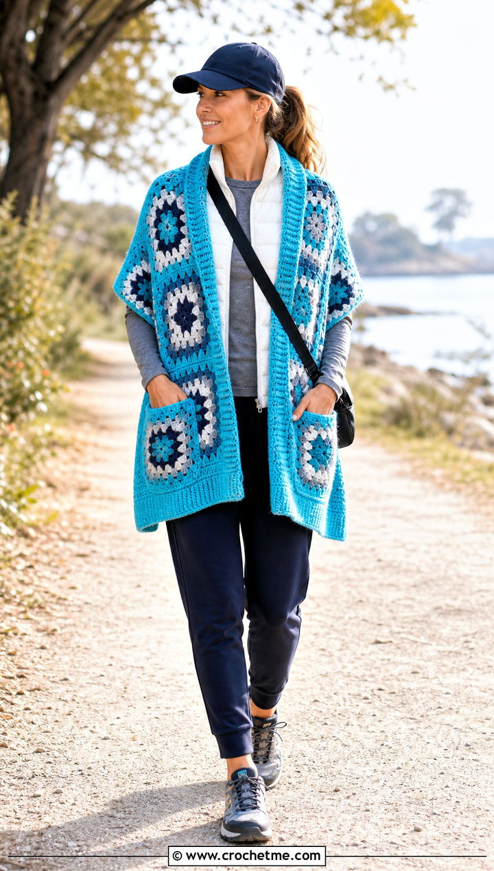 Ribbed Border Granny Square Pocket Shawl With Puffer Vest - 20 Granny Square Pocket Shawl outfit ideas