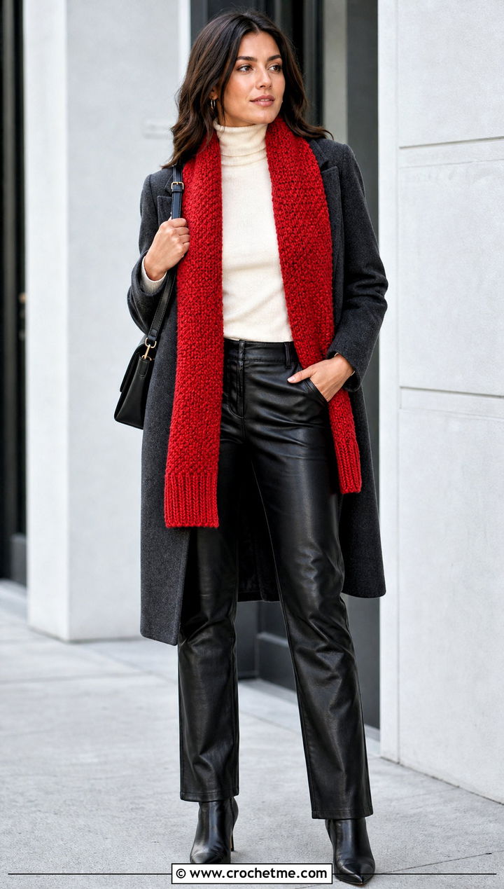 Ribbed Border Moss Stitch Scarf With Turtleneck And Leather Pants - 35 crochet moss stitch scarf outfit ideas