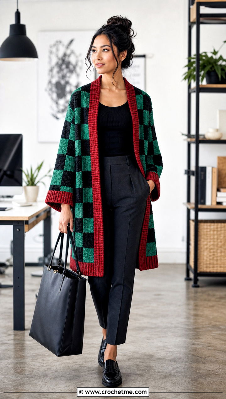 Ribbed Border Tanjiro Crochet Kimono With Office Trousers - 25 tanjiro crochet kimono outfit ideas