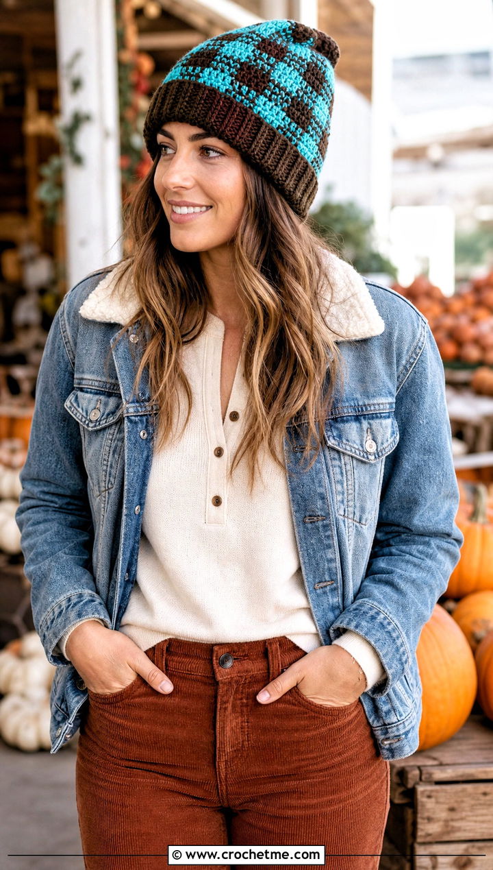 Ribbed Brim Buffalo Plaid Crochet Beanie With Denim Jacket And Corduroy Pants - 20 Buffalo Plaid Crochet Hat outfit ideas
