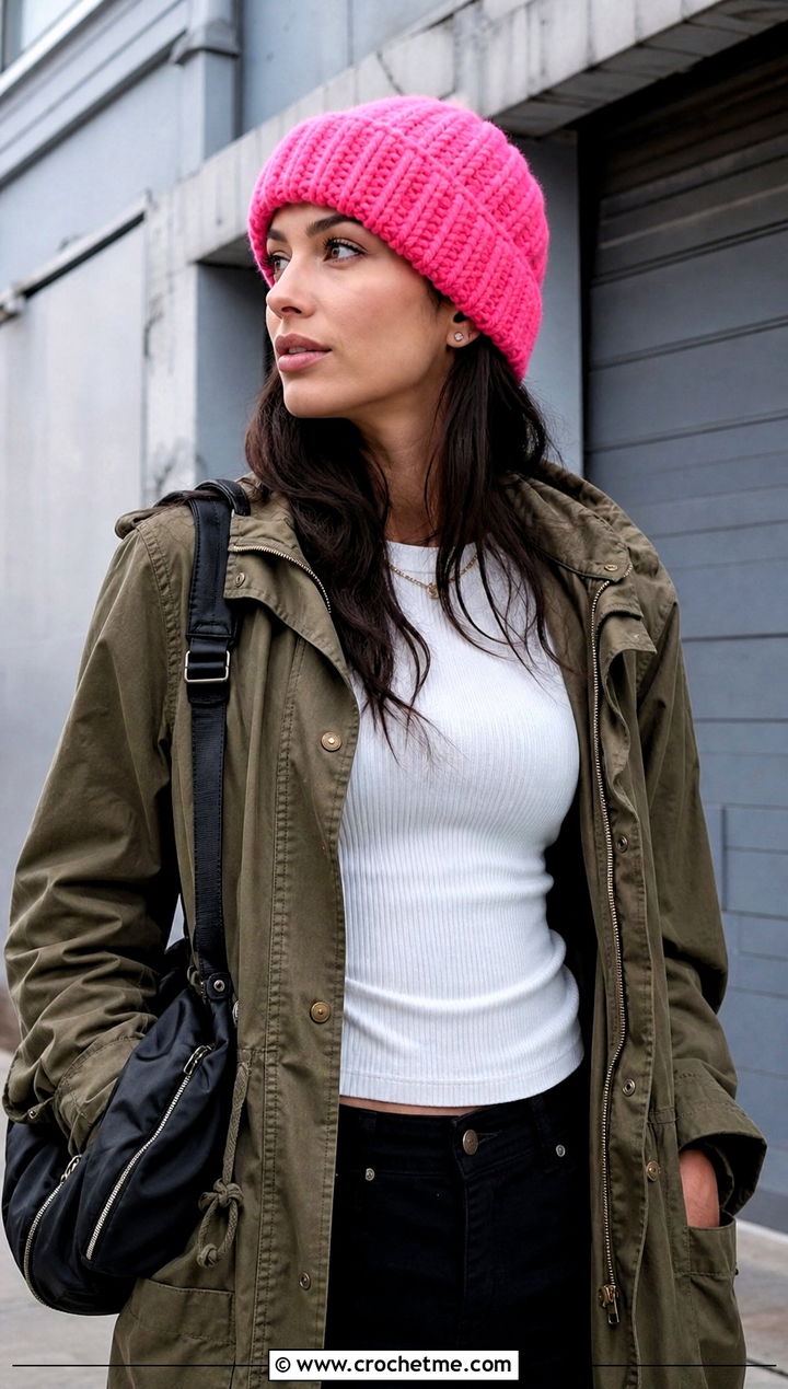 Ribbed Brim Burst Crochet Beanie With Cargo Pants - 15 burst crochet beanie outfit ideas