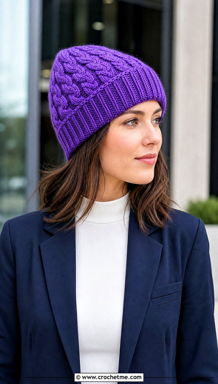 Ribbed Brim Cable Beanie With Pantsuit - 25 Crochet Cable Stitch Hat outfit ideas