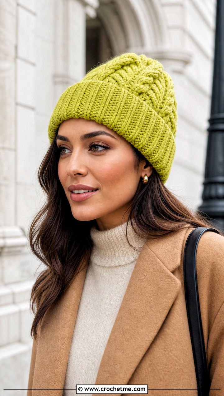 Ribbed Brim Cable Beanie With Wool Coat - 25 Cable Knit Crochet Hat outfit ideas