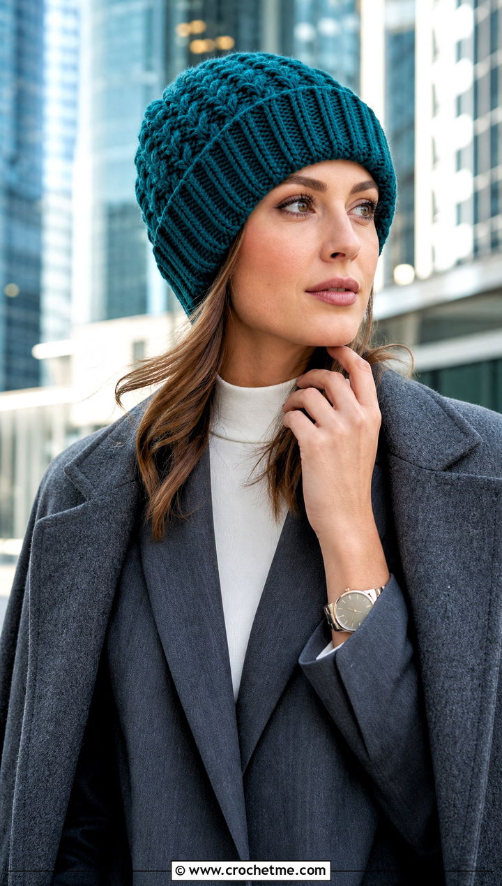 Ribbed Brim Cable Crochet Beanie With Blazer - 25 Cable Crochet Hat outfit ideas