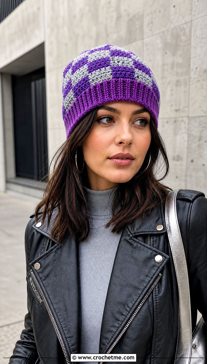 Ribbed Brim Checker Fair Isle Crochet Beanie With Leather Jacket - 15 Fair Isle Crochet Beanie outfit ideas