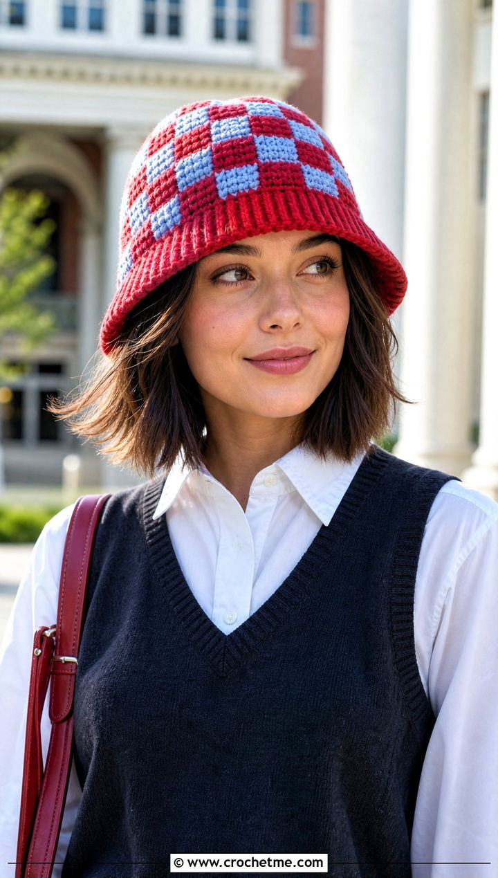 Ribbed Brim Checkerboard Crochet Bucket Hat With Sweater Vest - 20 checkerboard crochet bucket hat outfit ideas
