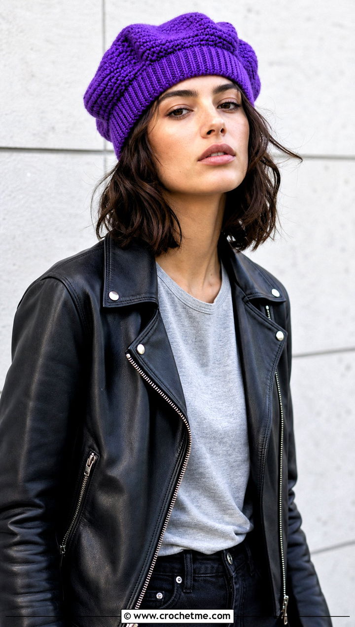 Ribbed Brim Crochet Beret With Leather Jacket And Black Jeans - 30 crochet berets outfit ideas