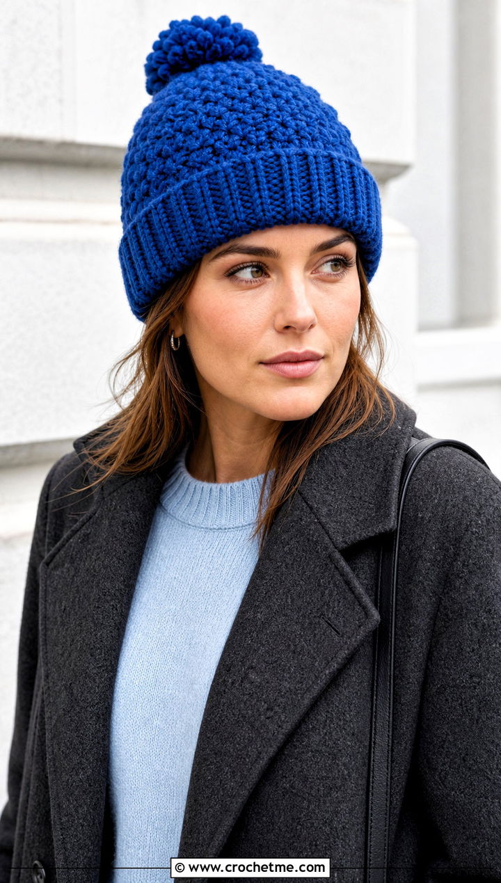 Ribbed Brim Crochet Bobble Beanie With Wool Coat - 30 crochet bobble hat outfit ideas