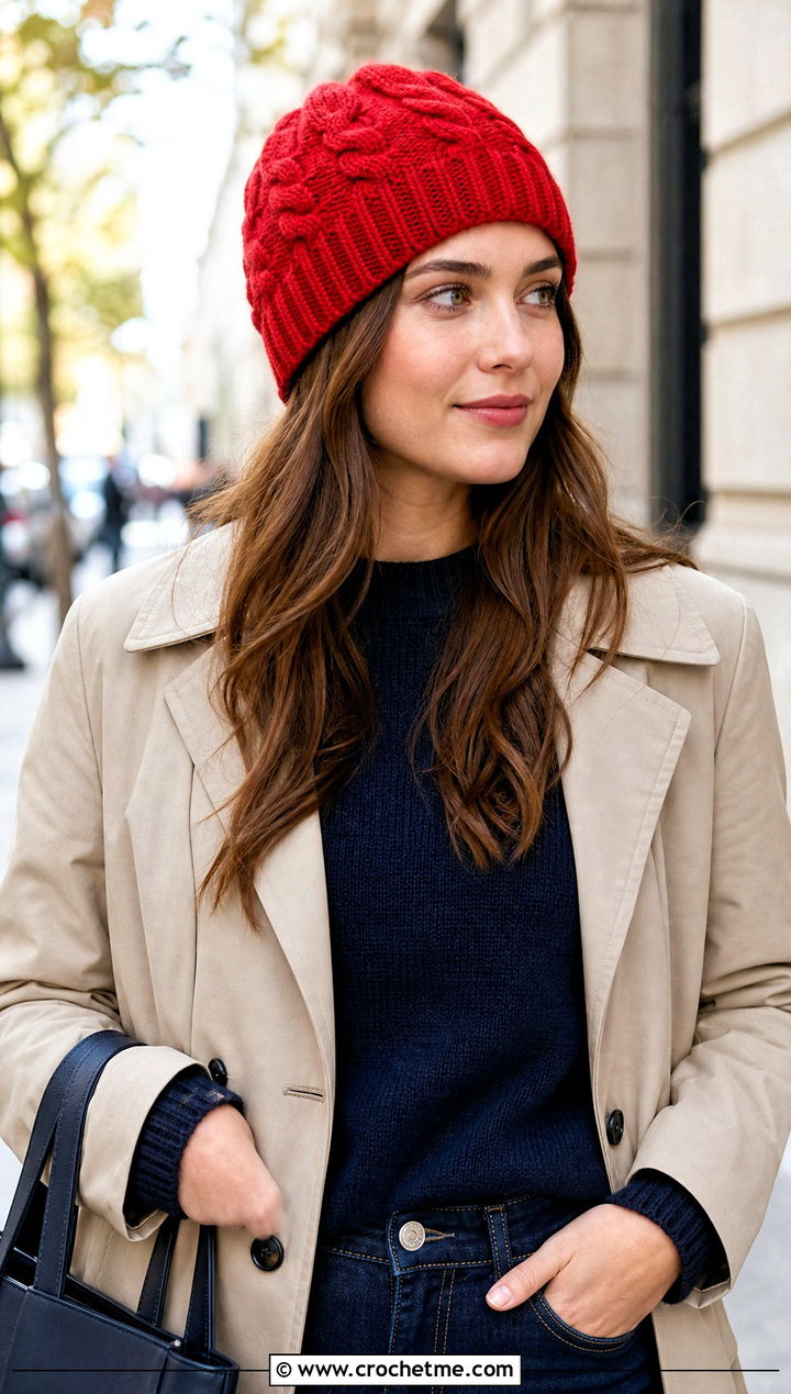 Ribbed Brim Crochet Cable Twist Hat With Trench Coat - 15 Crochet Cable Twist Hat outfit ideas
