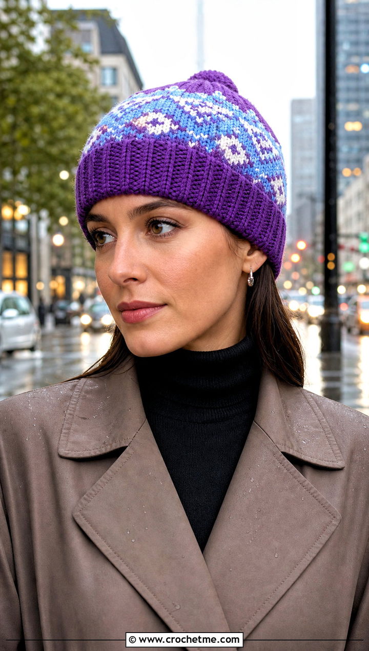 Ribbed Brim Crochet Fair Isle Beanie With Trench Coat - 20 Crochet Fair Isle Beanie outfit ideas