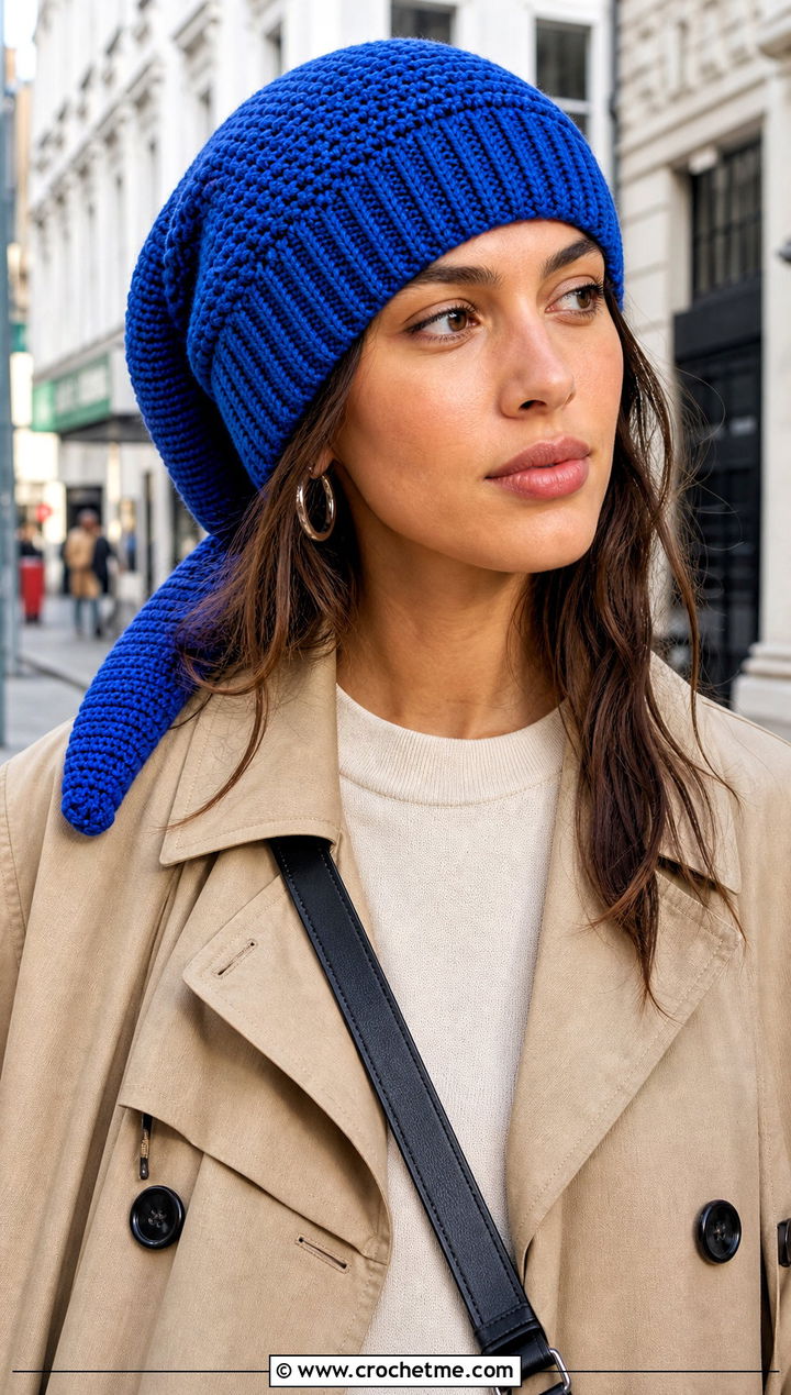 Ribbed Brim Crochet Long Stocking Cap With Trench Coat - 20 Crochet Long Stocking Cap outfit ideas