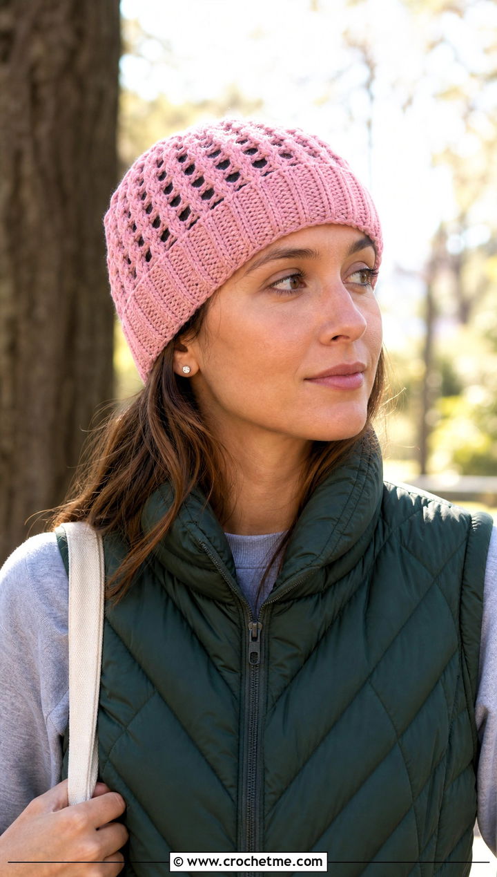 Ribbed Brim Crochet Mesh Beanie With Puffer Vest - 25 crochet mesh beanie outfit ideas
