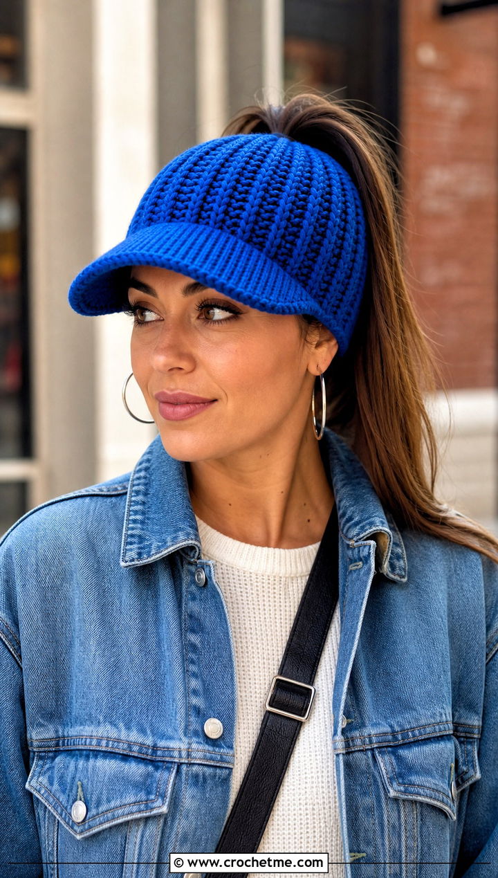 Ribbed Brim Crochet Ponytail Hat With Denim Jacket - 20 easy crochet ponytail hat outfit ideas