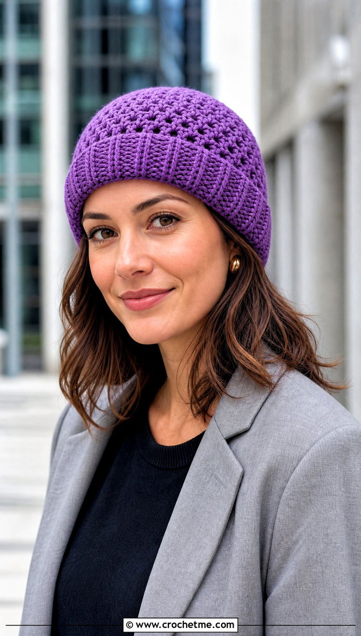 Ribbed Brim Double Crochet Beanie With Blazer - 15 simple double crochet hat outfit ideas