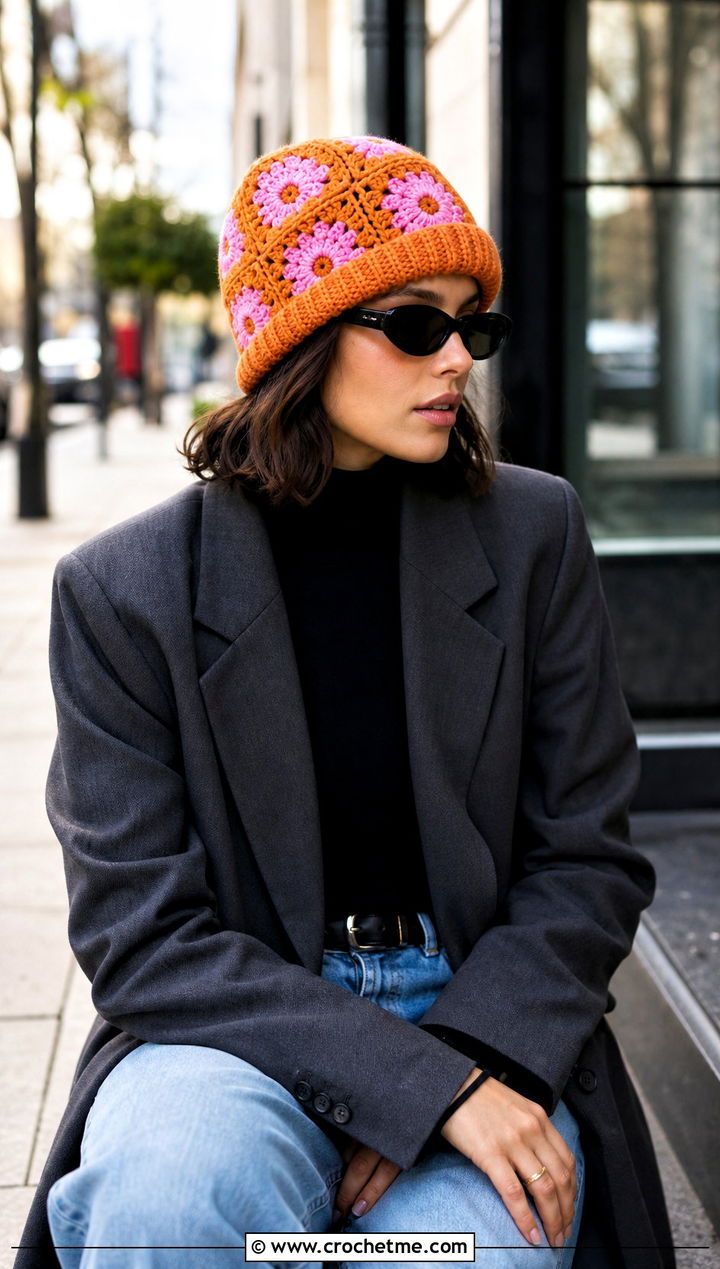 Ribbed Brim Granny Square Beanie With Blazer - 30 granny square beanie outfit ideas