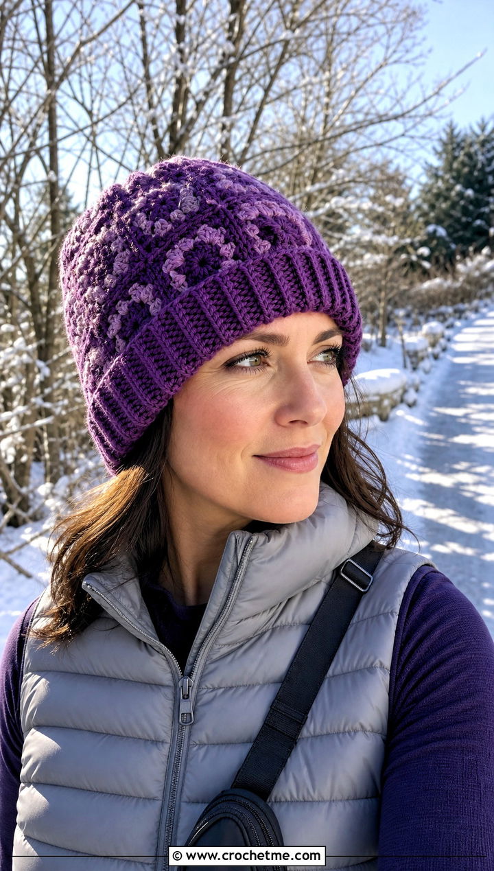 Ribbed Brim Granny Square Beanie With Puffer Vest - 25 Easy Crochet Granny Square Hats outfit ideas